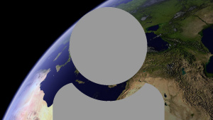 A grey person icon showing just head and shoulders with a curved top part of the globe in space background.