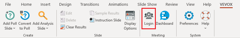Vevox PowerPoint add-in ribbon showing Login button