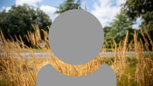 A grey person icon showing just head and shoulders with a mixture of wheat field, thin strip of road green trees and blue sky background.