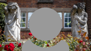 A grey person icon showing just head and shoulders with two statues outside hartley library.
