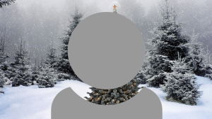 A grey person icon showing just head and shoulders with a wintery scene of snow and pine trees background.