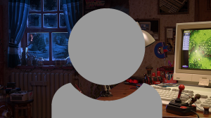 A grey person icon showing just head and shoulders with a dark room with a computer and a window showing a winter scene background.