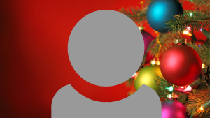 A grey person icon showing just head and shoulders with a part of a Christmas tree showing with baubles on a red background.