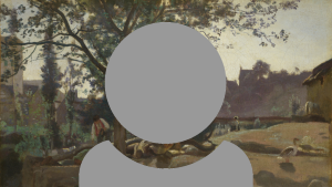 A grey person icon showing just head and shoulders with a painted view of a man tending to a fallen tree with a large tree in the middle background.