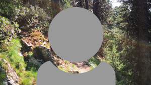A grey person icon showing just head and shoulders with a forest and steep rocky hill background.