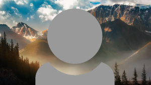 A grey person icon showing just head and shoulders with a mountain range and some trees background.