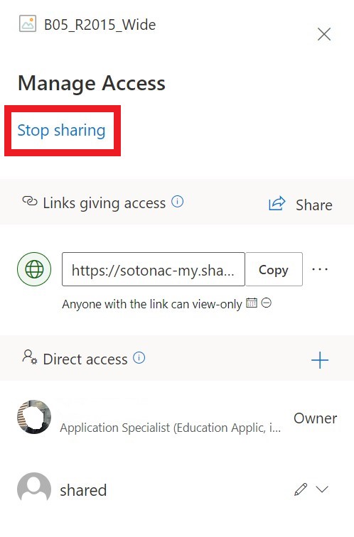 The 'Stop sharing' text button on the top of the 'Manage Access' page.