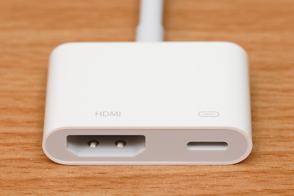An Apple USB C to HDMI and USB C adapter. 