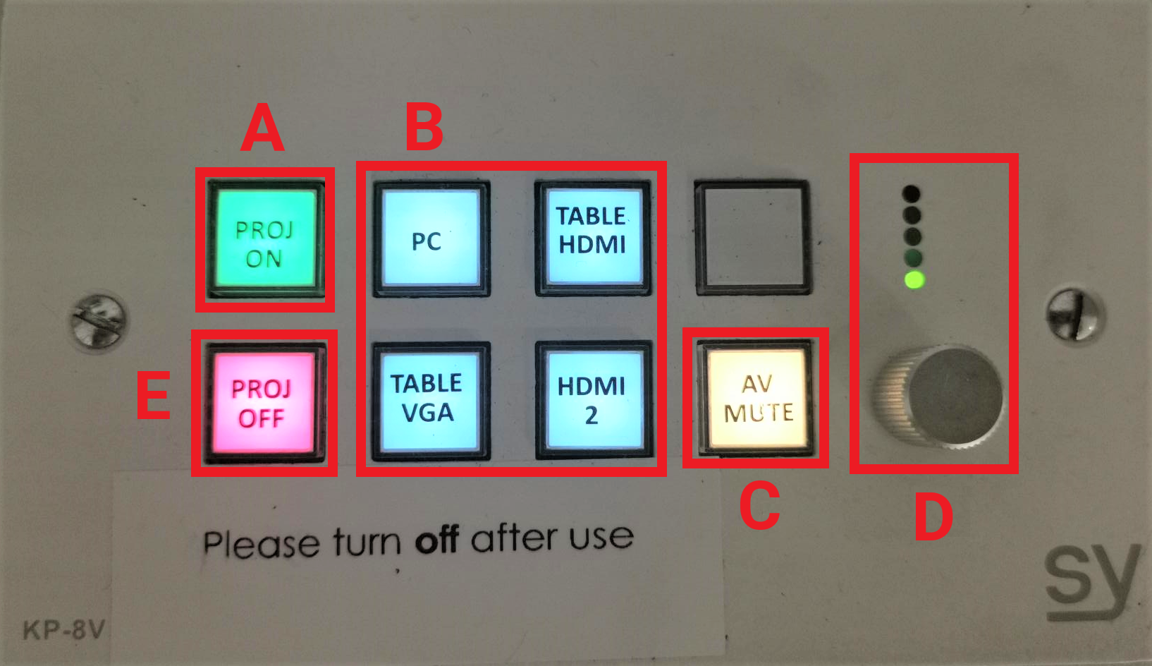 A lectern push button controller. Buttons from left to right top: On. PC. HDMI. Button from left to right bottom: Off. VGA. HDMI 2. AV Mute. There is a volume control nob to the far rights.