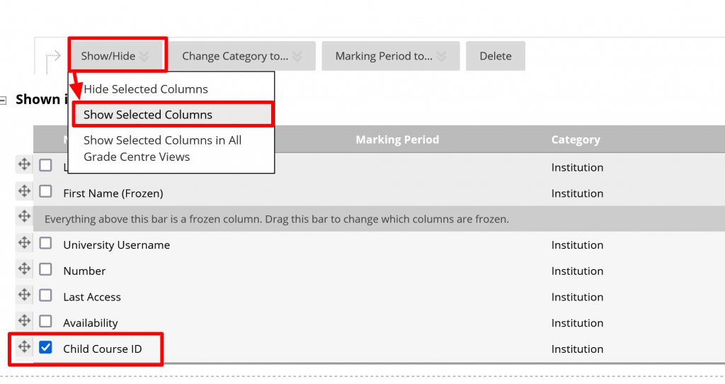 Show Selected Columns so that Child Course ID can be added and then used as a filter