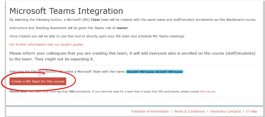 Screenshot of the Teams Integration tool highlighting the button that creates the MS Team