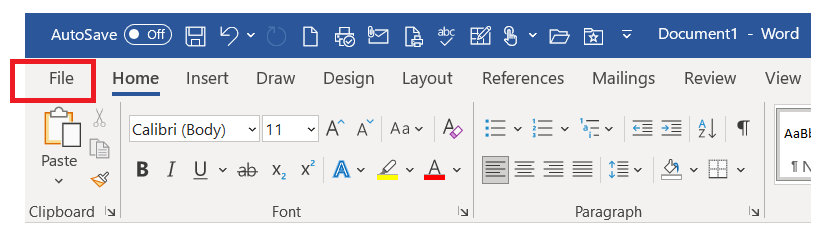 A focused view of MS Word top toolbar highlighting the File text button.