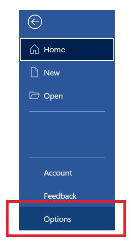 A focused view of the menu under File. Showing from top to bottom: Home. New. Open. Account. Feedback. Options.