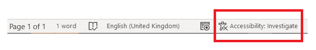 A focused view of the bottom of a Word document, highlighting the text button of Accessibility: investigate.